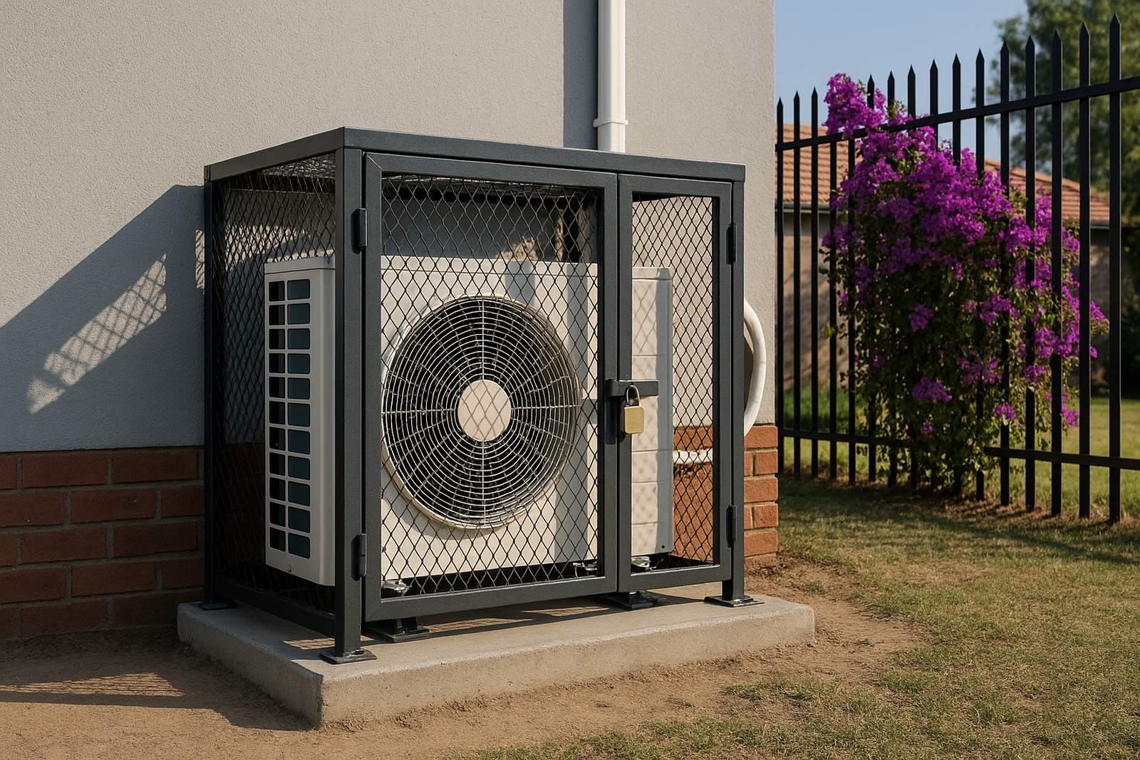 Air-conditioner outdoor unit inside a bolted steel security cage beside a Johannesburg house